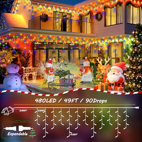 Heceltt Icicle Christmas Lights Outdoor, 15m/49FT 480 LED Icicle Lights for Outside, 90 Drops Fairy Lights with 8 Modes, Waterproof Timer Memory for Xmas,Yard, Garden, Eaves, Patio, Party(Multicolor) - Image 5