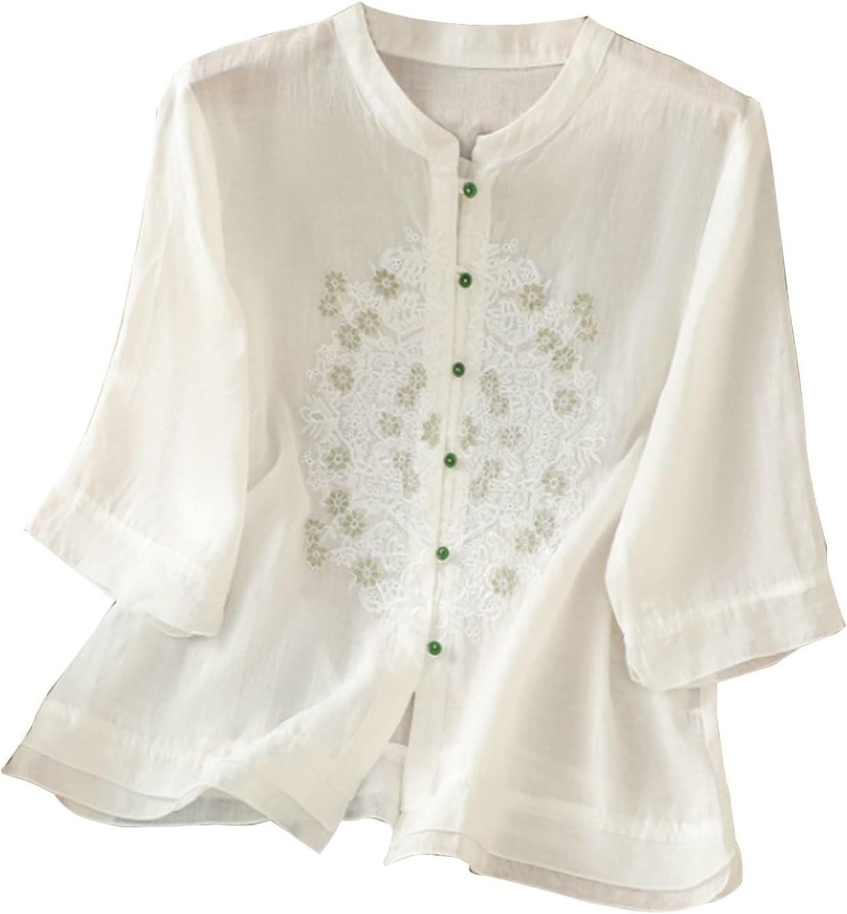 Women's Linen Tops Bohemian Short Sleeve Shirts Summer Loose Crewneck Casual Vintage Embroidered Blouse Tops