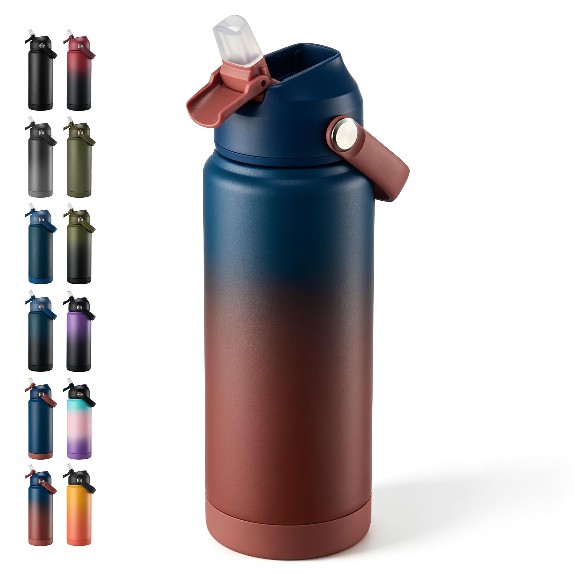 Fijinhom 24 oz Insulated Water Bottle with Straw Lid, Stainless Steel Water Bottles, Double Wall Vacuum, Portable Handle &amp; Non-slip Bottom, BPA Free Leak Proof Metal Bottles, Keep Cold 24H, Blue/Red