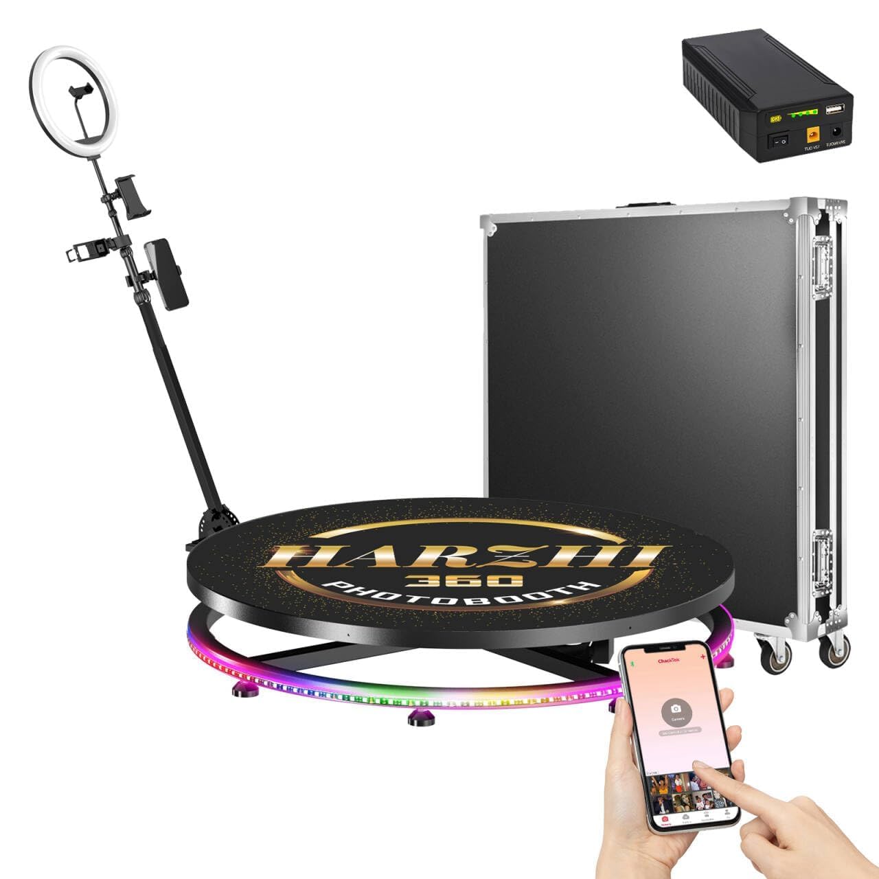 HARZHI 45.3 inch 360 Photo Booth for 5–7 People, APP Remote Control Automatic Rotating Platform, RGB LED Lights, Free Battery Pack or Custom Logo,