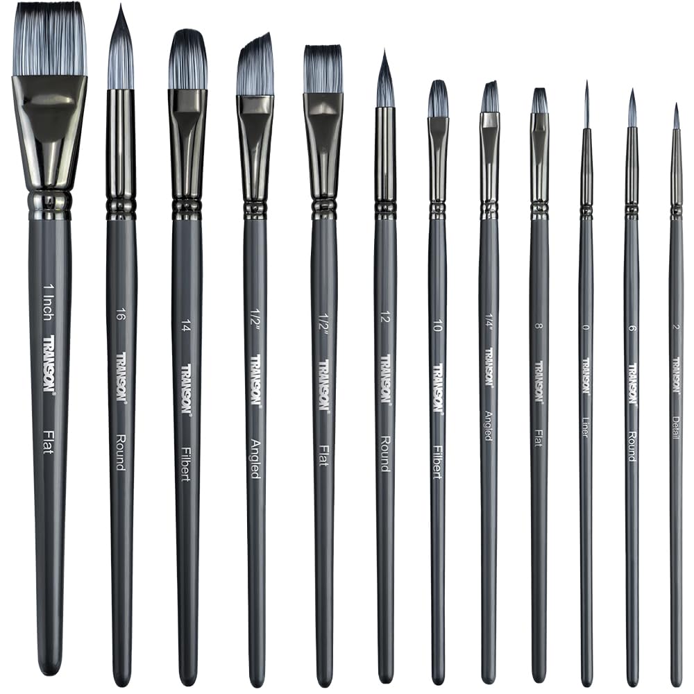 Transon Black Artist Paint Brush Set Of 12 For Watercolour Acrylic Gouache Oil And Tempera Painting