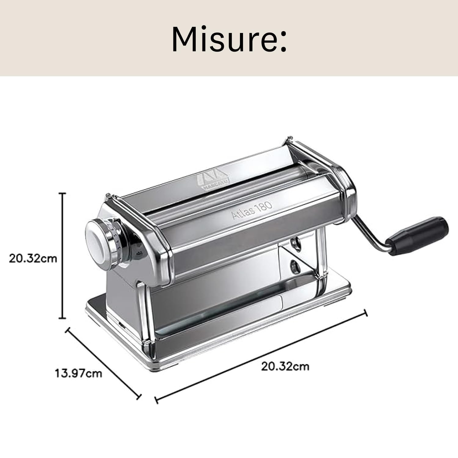 Marcato Atlas 180, Macchina per la Pasta, Pasta Maker, Tirapasta, Sfogliatrice Extra Large, 10 diversi Spessori, Acciaio Cromato, Compatibile con 12 Accessori per Formati Extra, AT-180-ROL