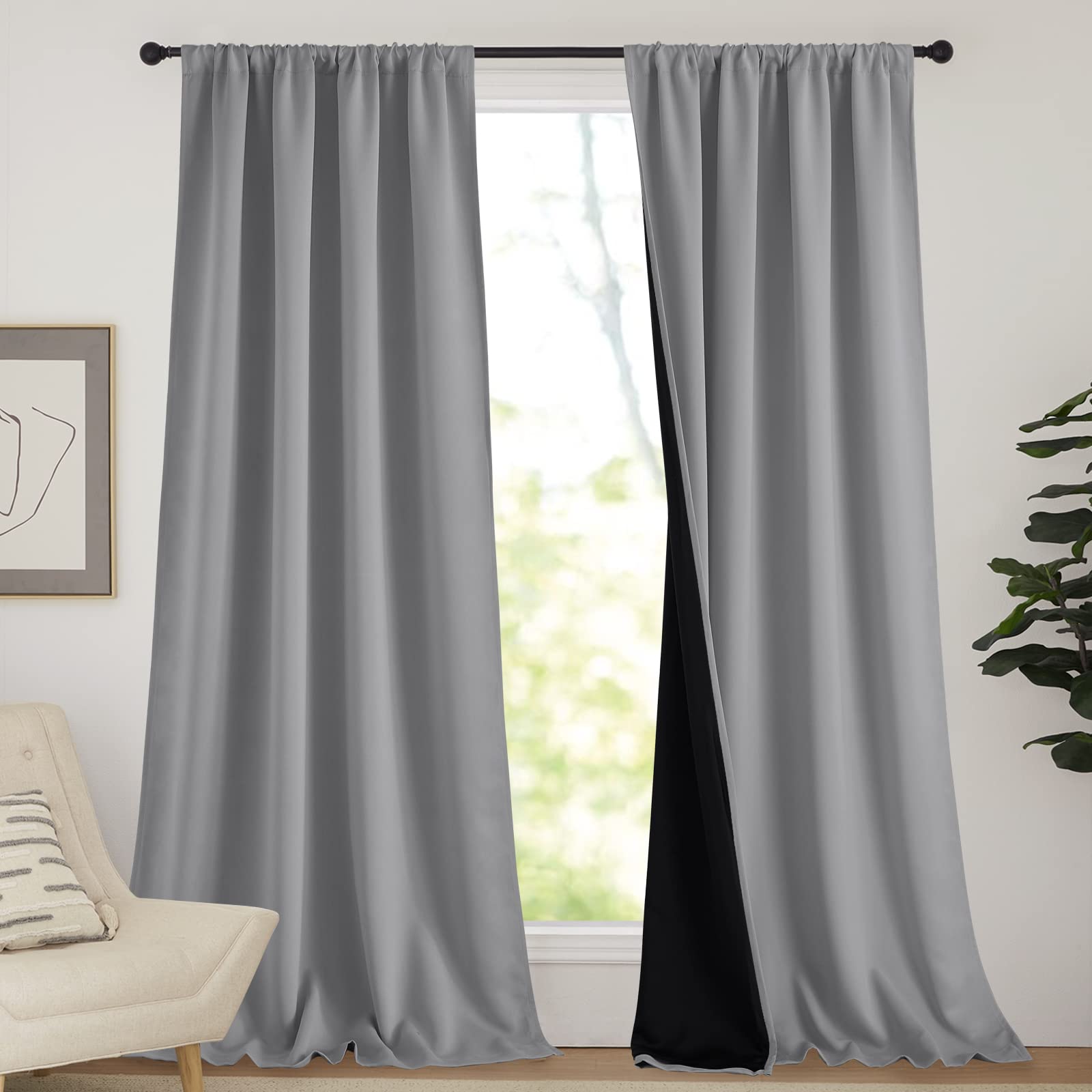 NICETOWN Total Shade Curtains and Draperies, Silver Grey Blackout Bedroom Curtains, Heavy-Duty Rod Pocket Drapes with Black Liner Backing for Villa/Hall/Dorm (1 Pair, 52 inches Wide x 95 inches Long