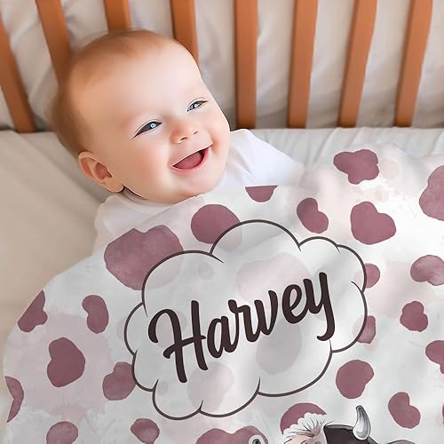 Vista 26 de Hyturtle Manta personalizada con estampado de vaca con nombre, mantas de bebé personalizadas para niños y niñas con estampado de vaca blanca y Vaca 7