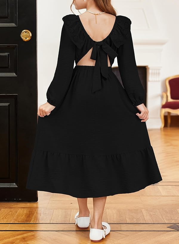 blibean Girls Winter Dress Tween Wedding Dresses Big Kids Long Sleeve Tie Back Formal Outfits Teen Boho School Flower Clothes Junior Fancy Thanksgiving Vestido Niña Size 14 15 16 Years Black by blibean - Image 6