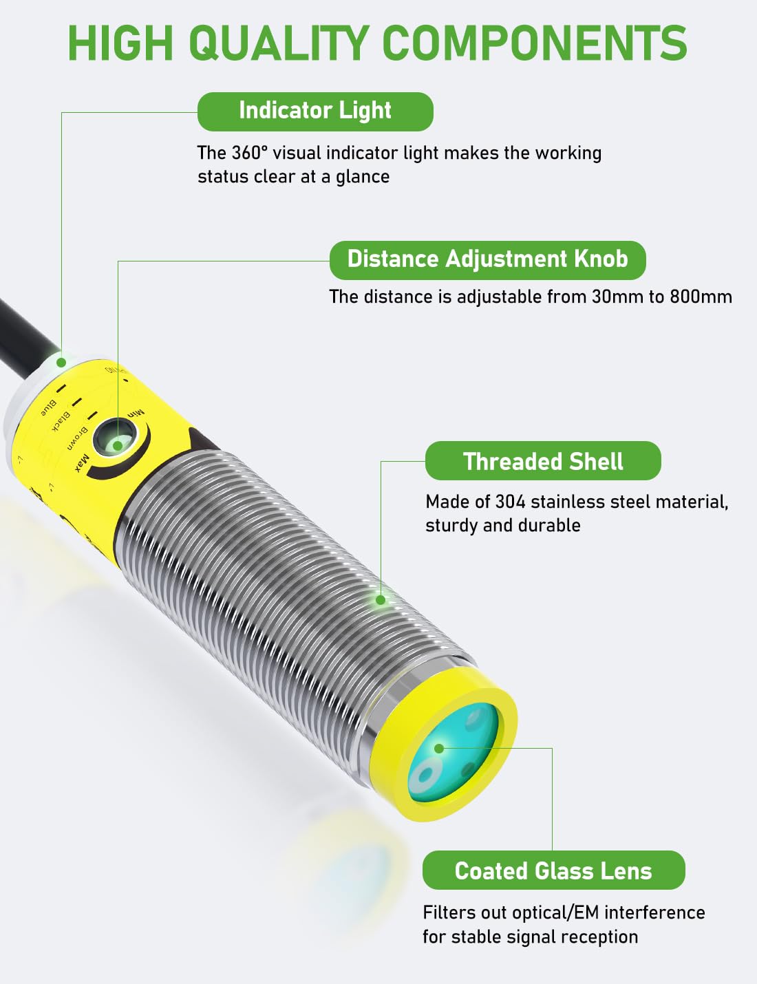 DIHOOL Photoelectric Proximity Sensor, Laser Motion Switch,IP65 Waterproof, Normally Open NPN NO, M16, 3 Wires,12V/24V Input(10-30VDC), Detection Distance Adjustable from 3cm to 80cm