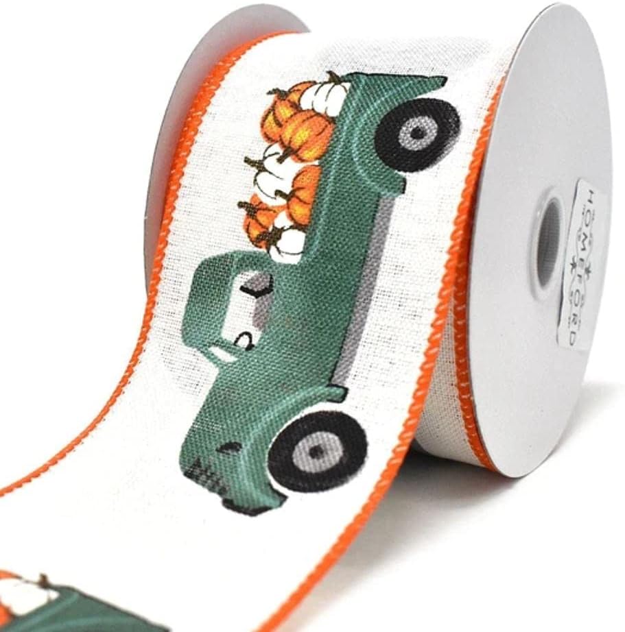 Inc. 2.5 Natural Linen Pumpkin Truck Ribbon (10 Yards) - Fall Green Truck with Pumpkins Wired Edge Ribbon