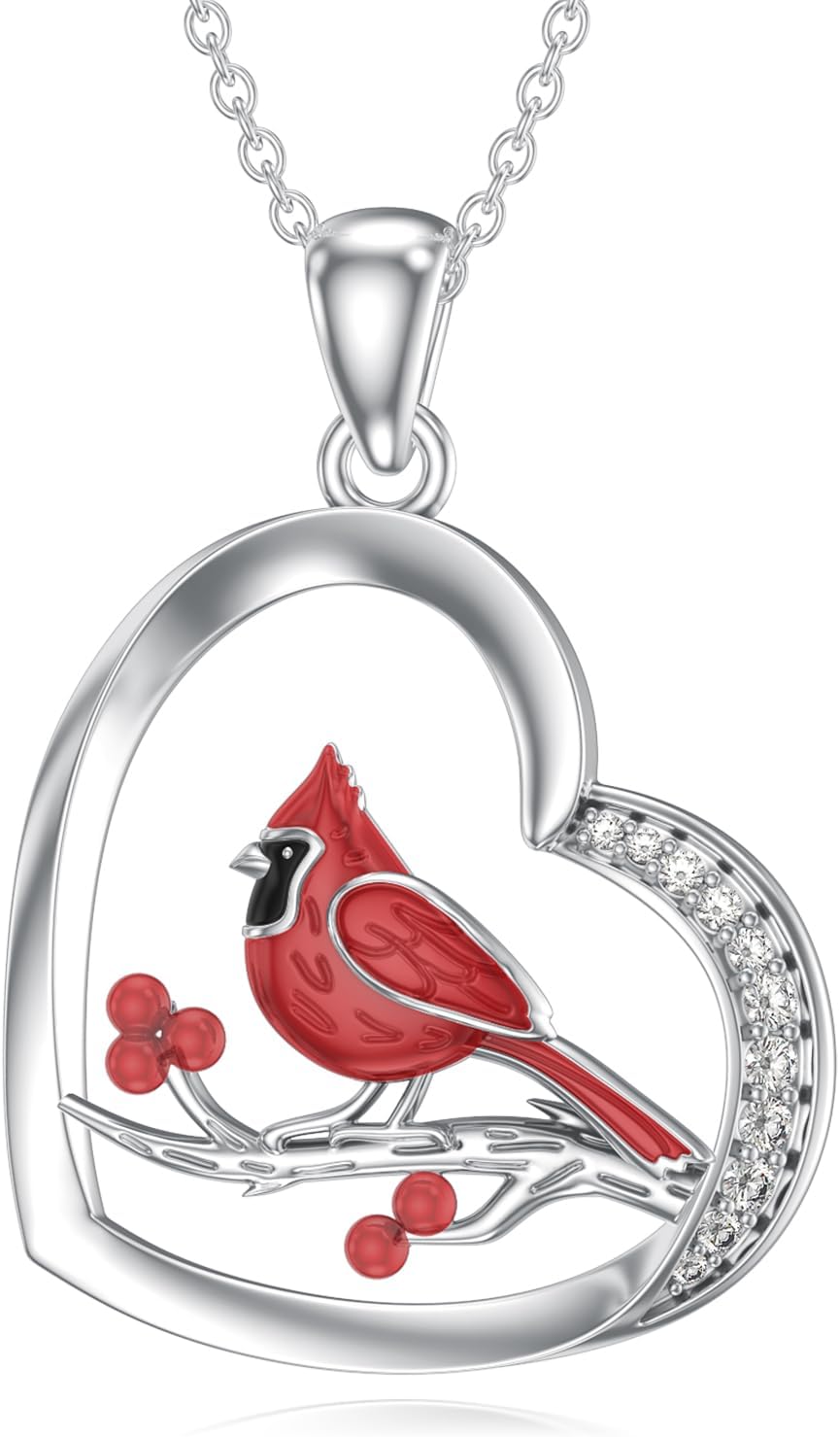 Diamond Cardinal Necklace for Women 925 Sterling Silver Red Cardinal Heart Pendant Necklaces with Lab Grown Diamond Memorial Jewelry Gifts for Her