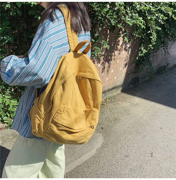 Vintage Aesthetic Canvas Backpack Preppy Backpack Japanese Harajuku Bag Fit 15.6” Laptop Travel Rucksack (Yellow,One Size)3