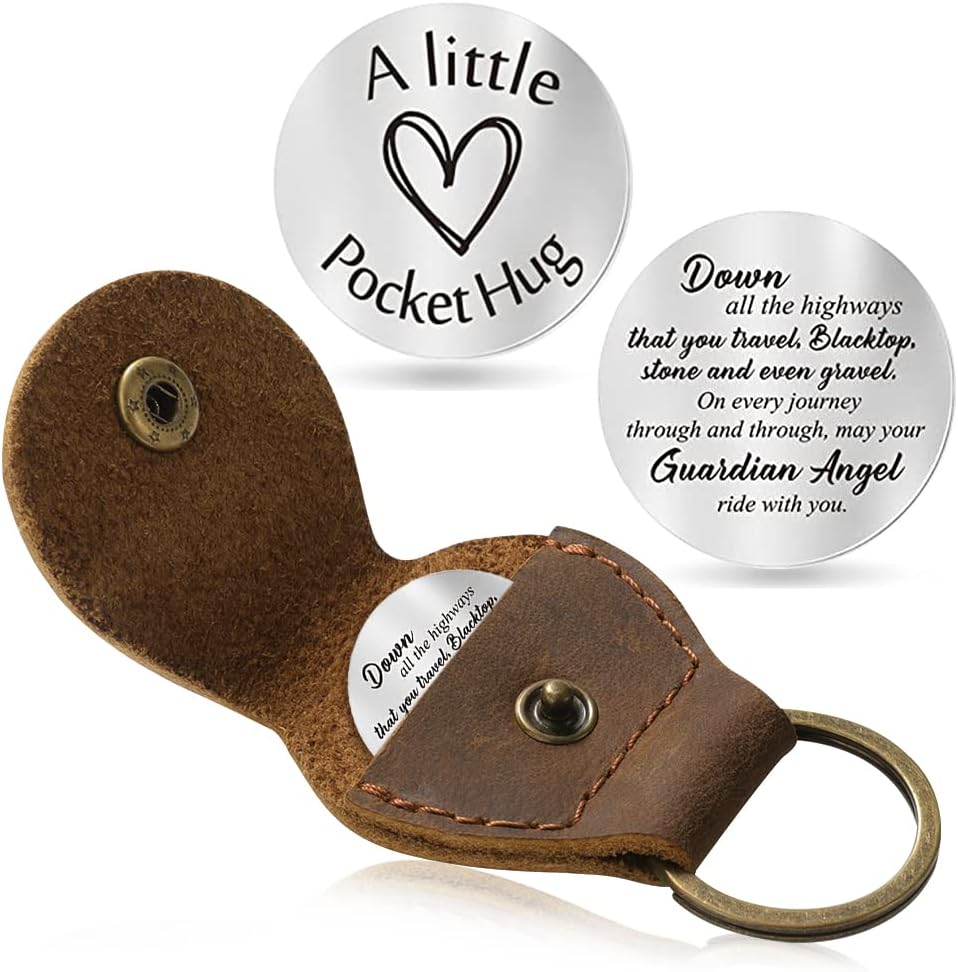 Jack&Chris Pocket Hug Token Long Distance Relationship Keepsake, Double Sided Message Engraved with Leather Keychain, JC65