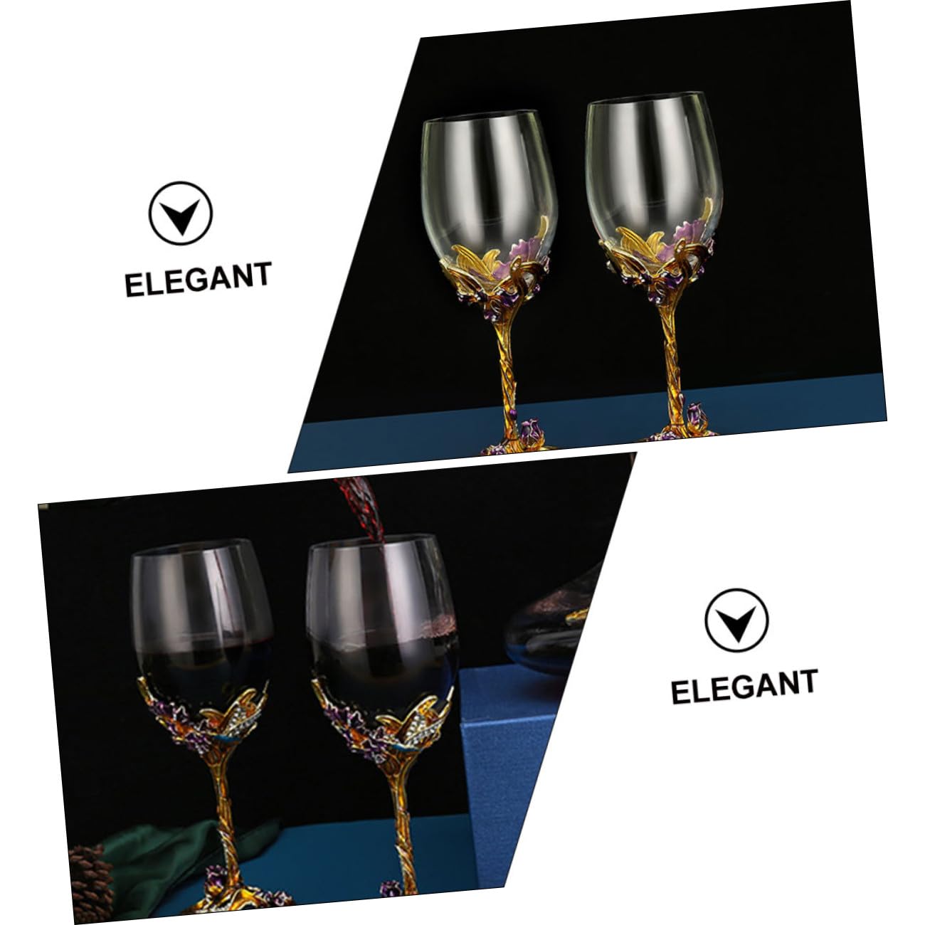 Copas de Vino Esmaltadas Doradas 2 Piezas Cristal Transparente Diseño de Flor Iris Cristalería para Hogar Boda y Bar Vasos Decorativos para Whisky y Celebraciones
