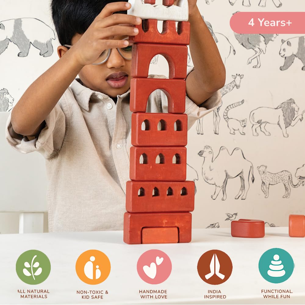 GUBBACHHI Wooden Stacker Toy | Natural Mango Wood | Handmade and Handpainted in India | Puzzle | Toy for Gifting | Birthday Gift for Boys & Girls | Age (2 Years +) (RED Fort)
