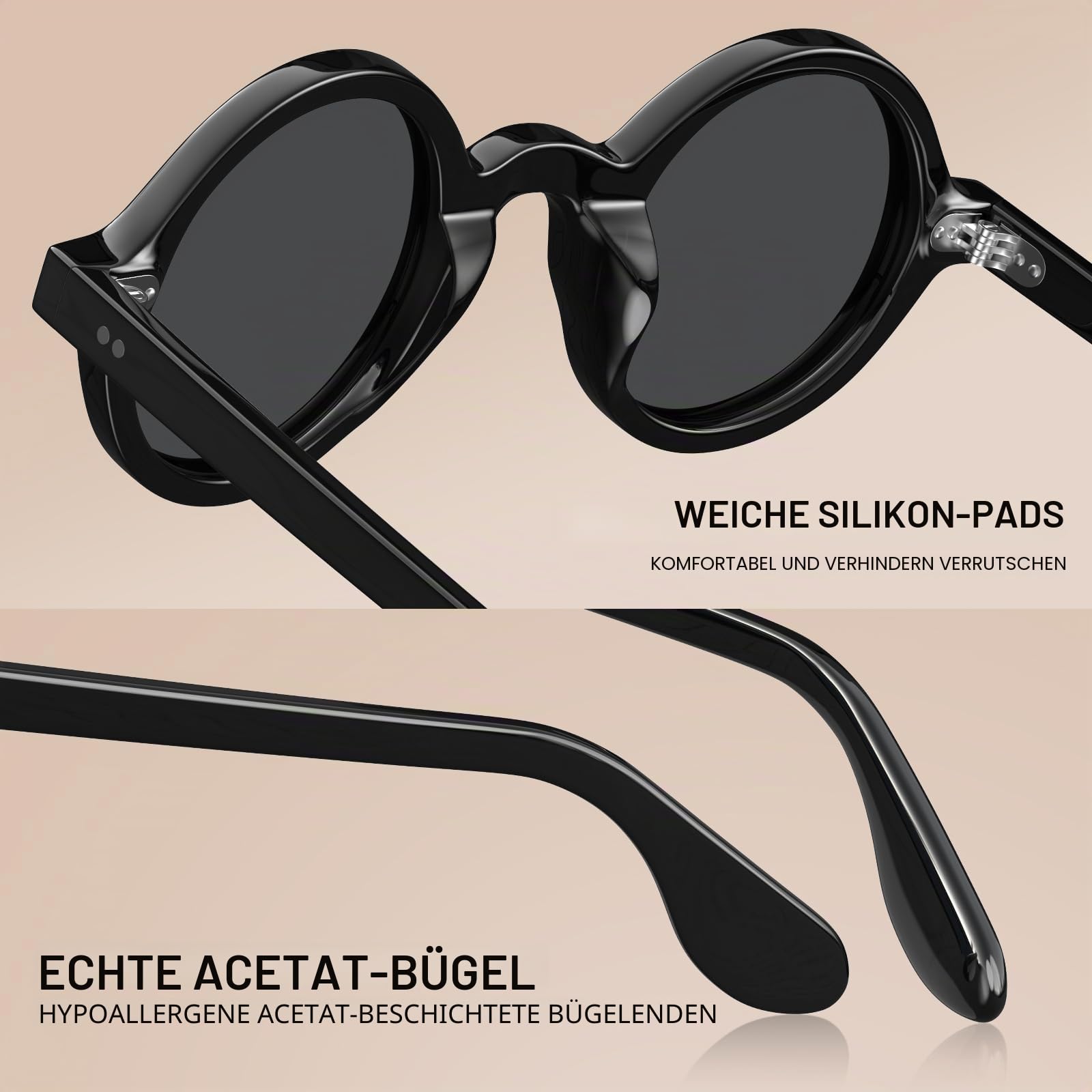 CARFIA Polarisierte Sonnenbrille für Herren - Vintage Party Look mit runder Acetate Rahmen, einteilige Nasenauflage & Hoher UV Schutz CA2501