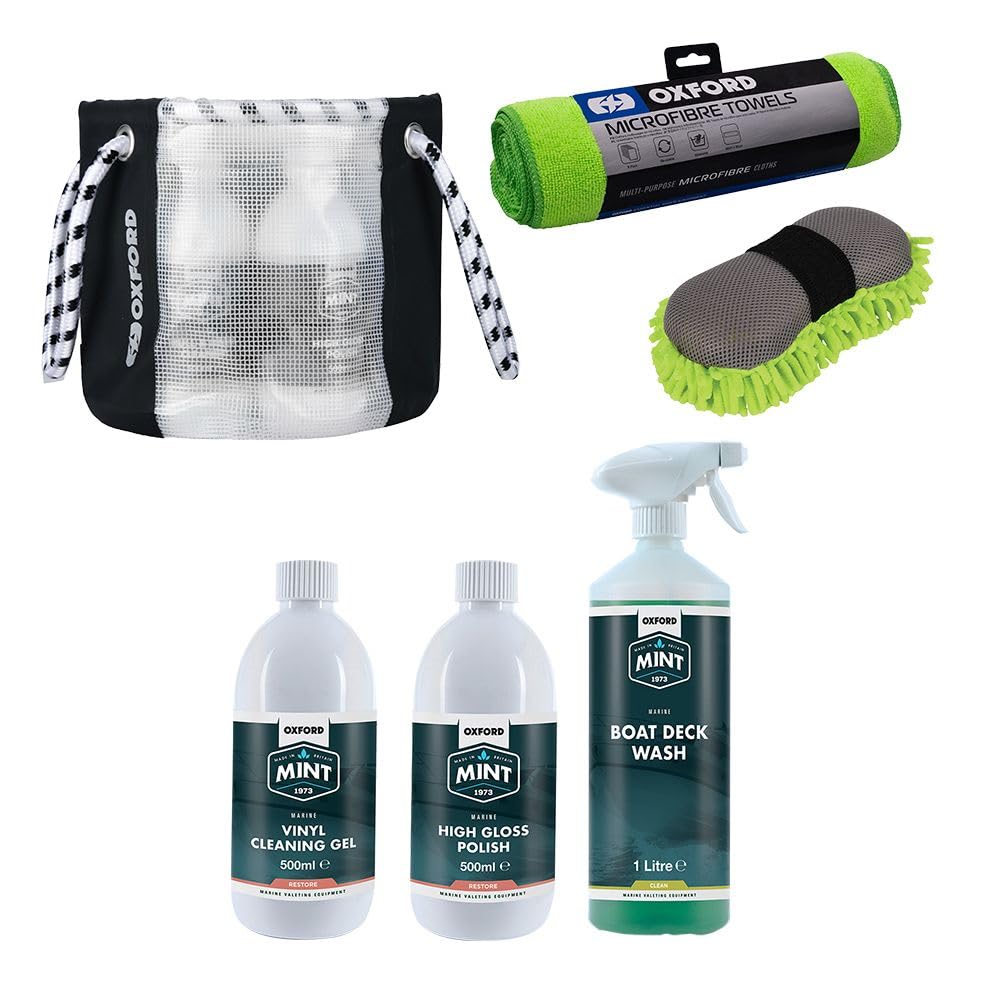 Oxford Mint Boat Clean and Restore Kit - Includes Deck Wash, Vinyl Cleaning Gel, Marine High Gloss Polish, Microfibre Noodle Sponge, Towels, 12L Bucket Bag - Complete Marine Cleaning Solution