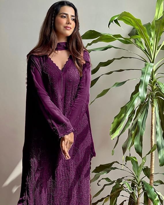 Image of Women Embroidered Straight Kurti with Palazzo And Dupatta Set | Elegant Ethnic Wear Kurta Set | V-Neck Long Sleeve Kurti | Stylish Casual, Festive & Wear for Women