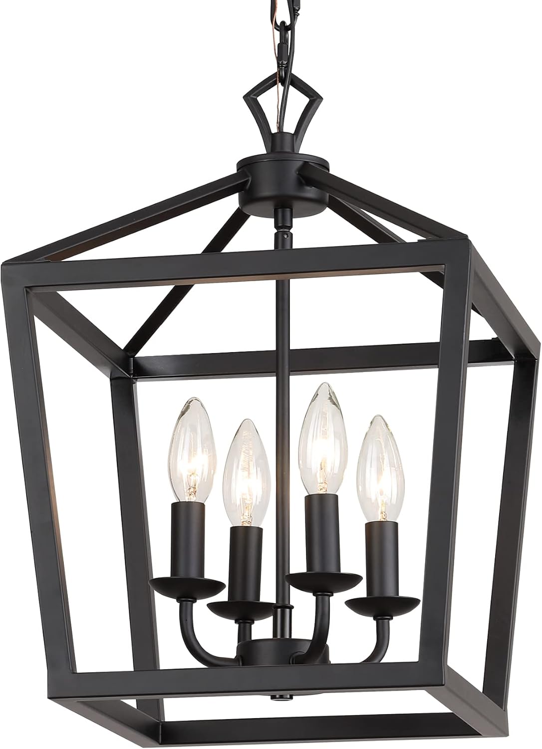 Close-up view of the four E12 candle-style bulbs within the black lantern chandelier frame.