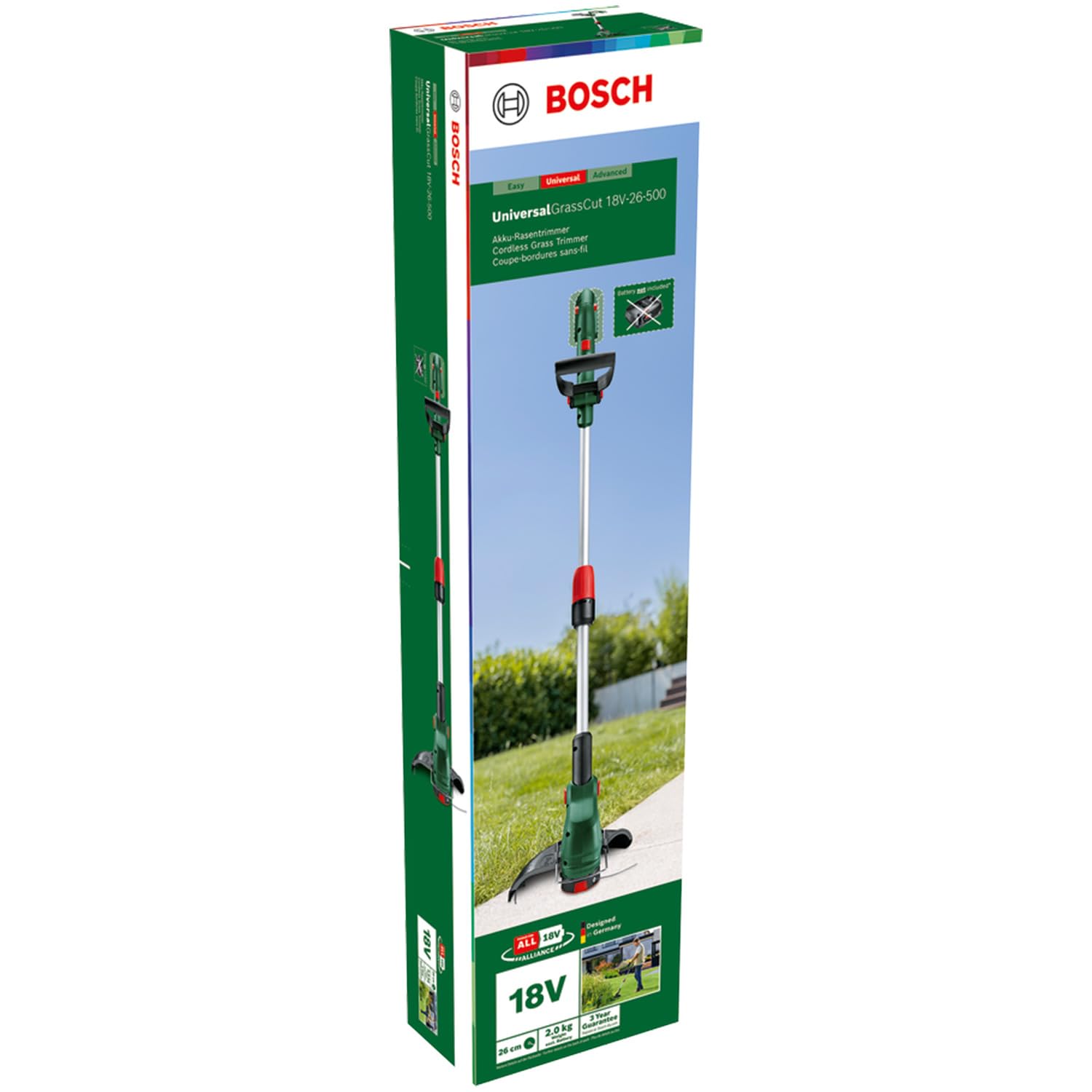 Bosch: akumulatorowa podkaszarka do trawy UniversalGrassCut 18V-26-500 (do podkaszania w poziomie i pionie, czas ładowania: 65 min, średnica cięcia: 26 cm, system 18V, bez akumulatora)