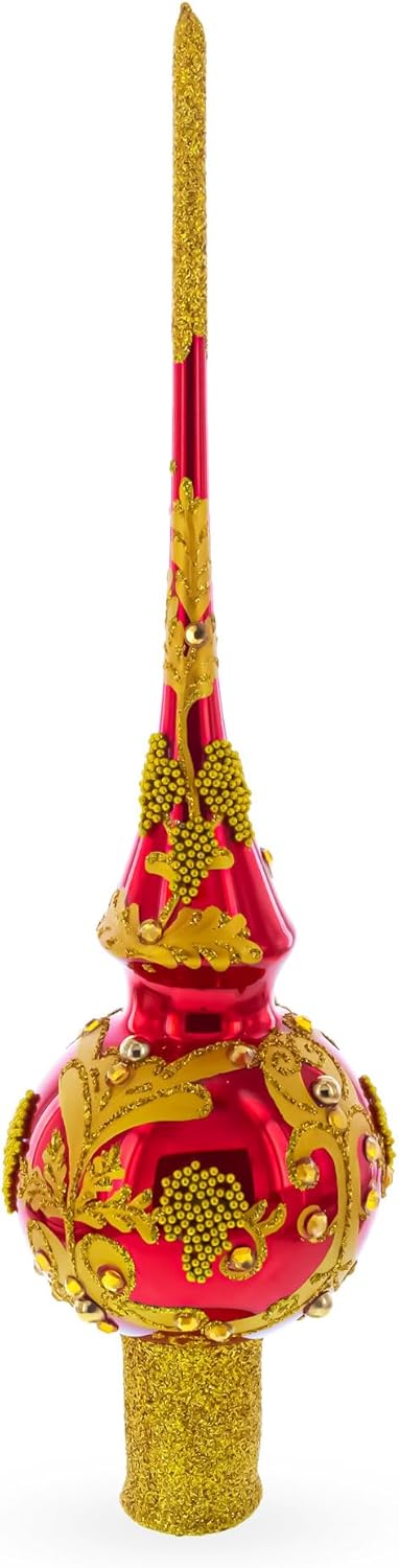 Luxurious Crimson Red with Golden Glitter Glass Christmas Tree Topper