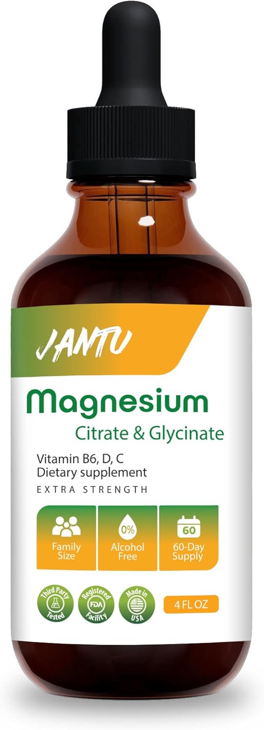 JANTU High‑Absorption Liquid Magnesium Citrate & Glycinate with Vitamins B6 D3 C & Potassium – Alcohol‑Free, Glycerin‑Based, Vegan, 60‑Day Supply – 4 oz