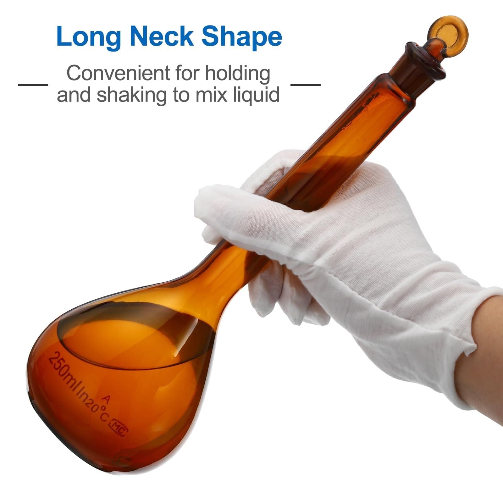Matraz aforado 250ml ámbar de vidrio borosilicato con tapón - Precisión ±0,15ml, Paquete de 2 para experimentos de laboratorio