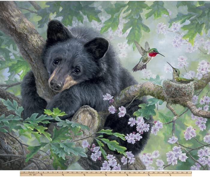 Bear & Hummingbirds Digital Cotton Print Fabric Panel