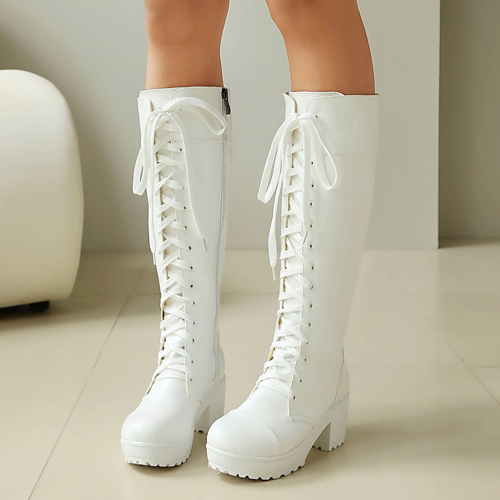 Damen Schnürstiefel High Heels Plateau Kniehohe Stiefel Mit Blockabsatz