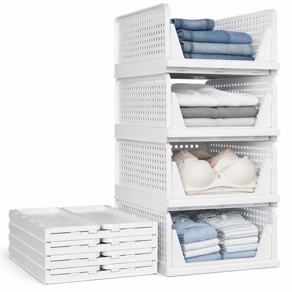 Kit com 4 Cesto Organizador de Roupas Empilhável, Branco | Dobrável e Compacto, Design