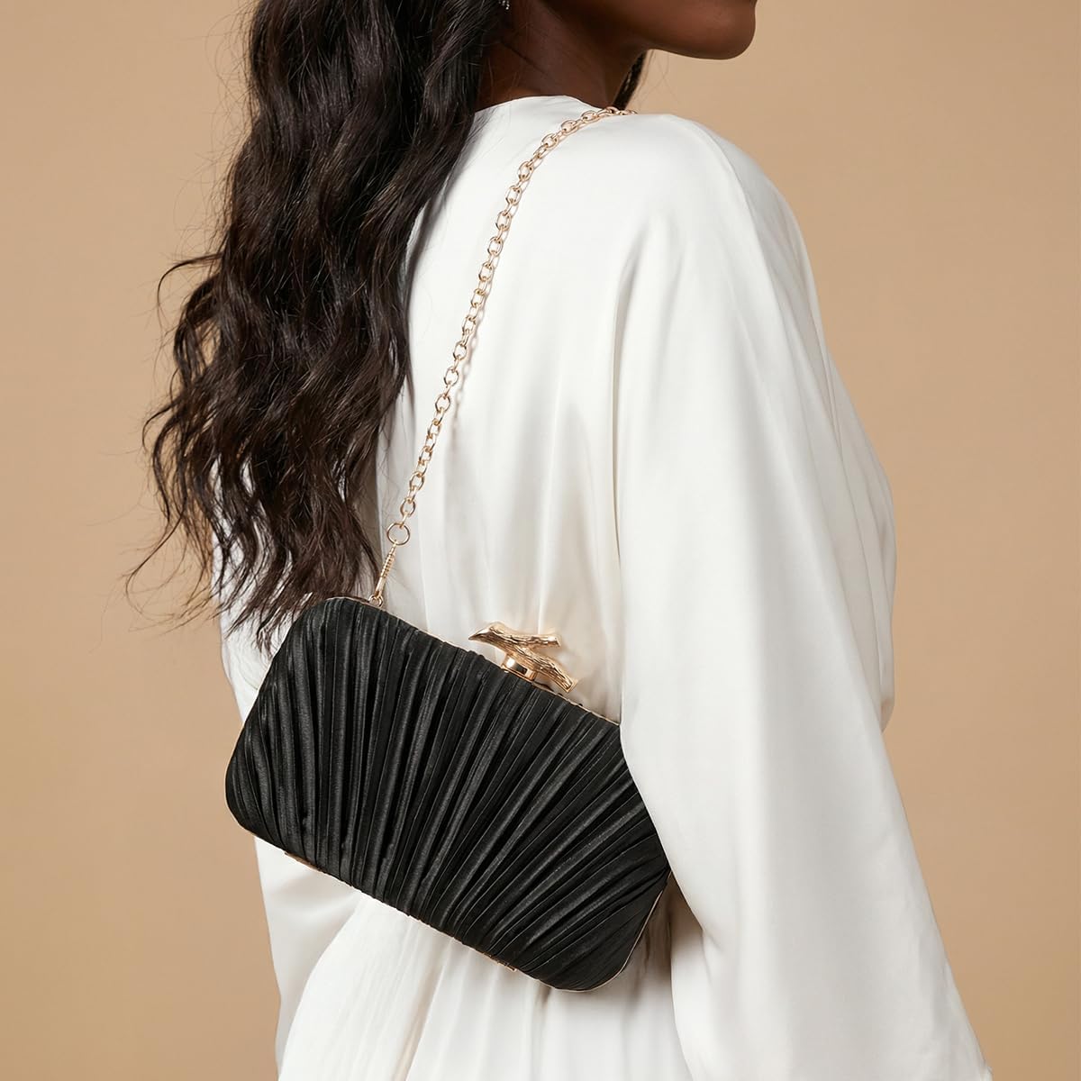 PHILOMENA Elegant Silk Pleated Evening Clutch Purse for Women with Chain for Crossbody Evening Bag Wedding Bridal Clutch