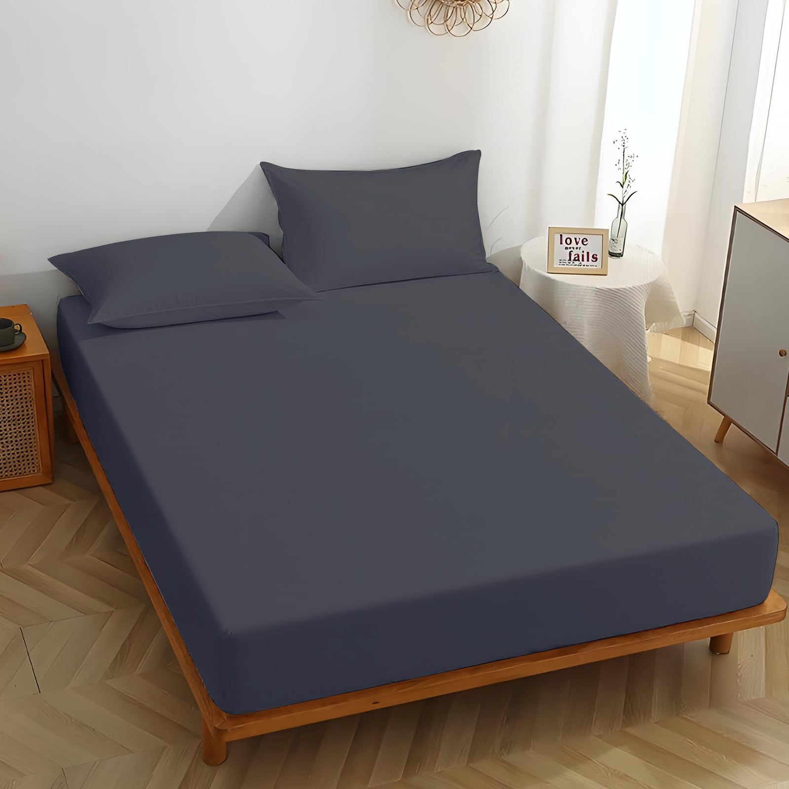 MIKI WELL Super King Fitted Sheet Deep - Dark Grey Bottom Sheet Extra Deep Pocket 16 inch 40 cm, Soft Microfiber Superking Bed Sheet Wrinkle Resistant & Breathable
