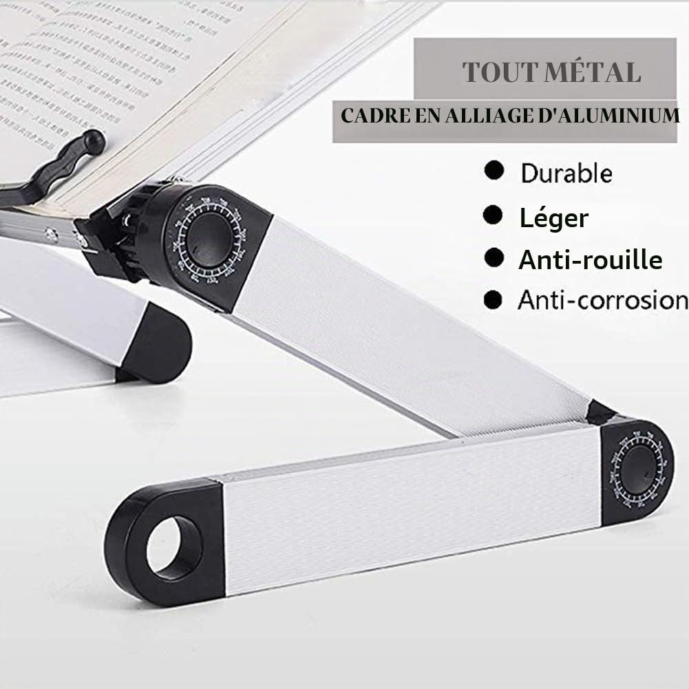 Pupitre pour Livre -Hauteur et angle réglables lutrin livre, support de lecture avec bras en aluminium et clips de reliure, porte livre cuisine pour Big Heavy HardCover et ordinateur portable