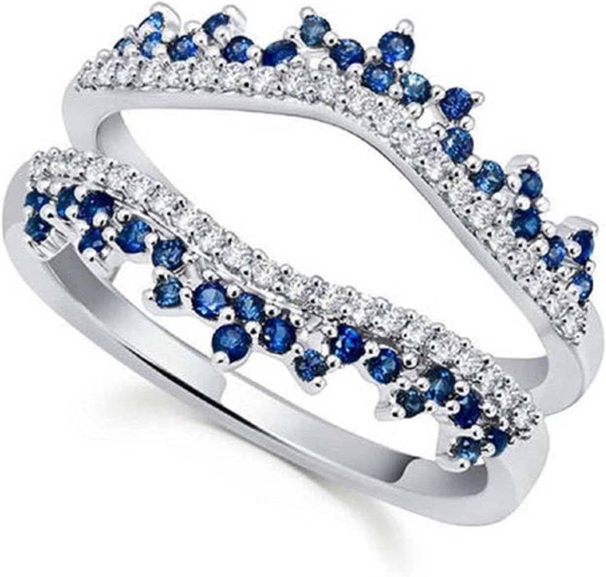 V Touch Round Cut Created Blue Sapphire & CZ Enhancer Guard Engagement Wedding Band Ring for Womens 925 Sterling Silver