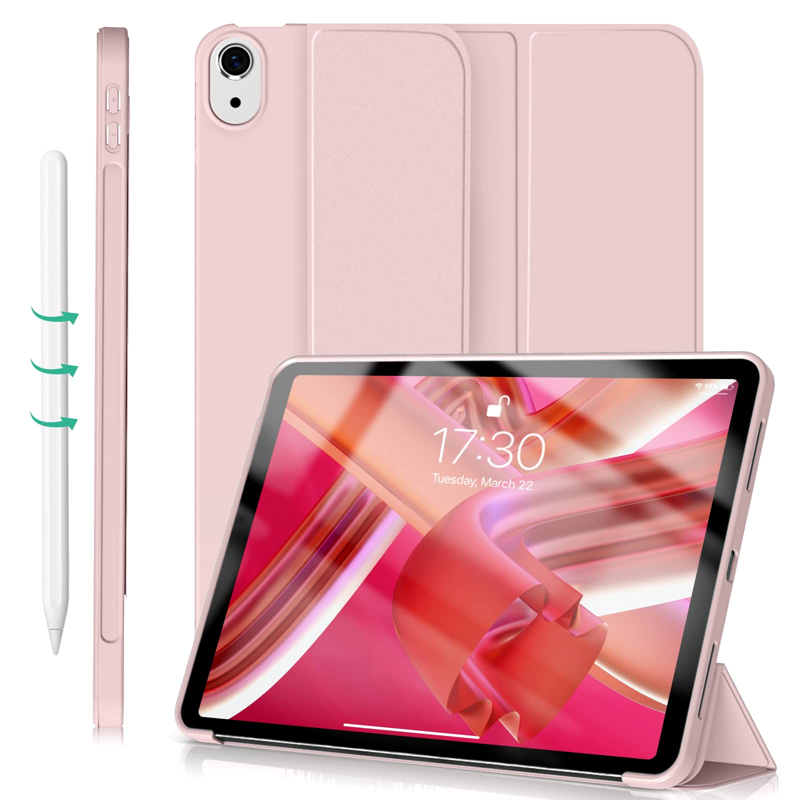 Aoub Case for iPad Air 11 Inch Case 2024, iPad Air 5th/4th Generation 2022/2020 10.9 inch, Auto Wake/Sleep, Ultra Slim Lightweight Trifold Stand Smart Silicone Soft TPU Back Shell Cover - Pink