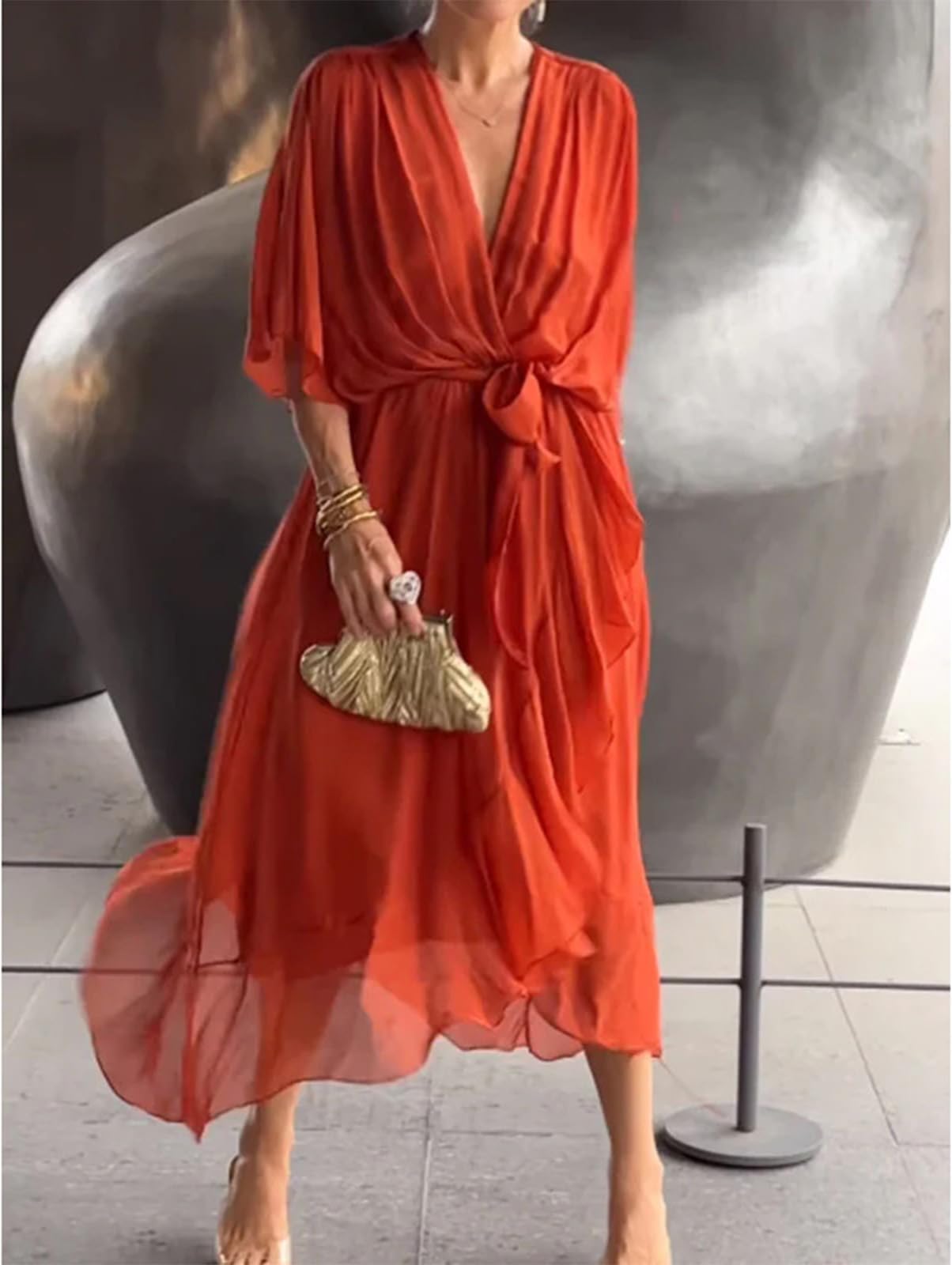 Abito Lungo Elegante e Raffinato con Scollo a V - Vita Alta a Balze fluide per Matrimoni/Feste/Casual