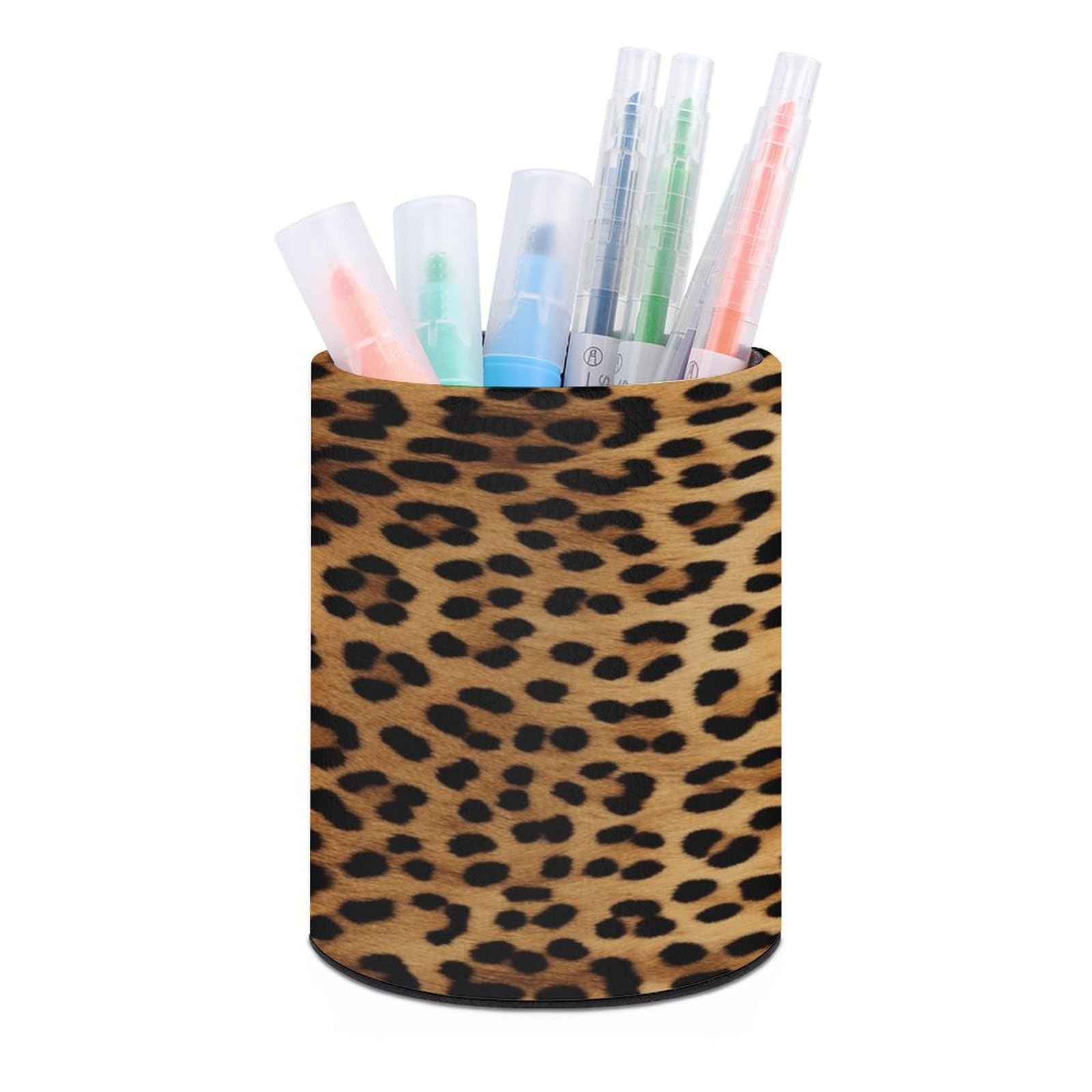 VstaDank Leopard Skin Pen Holder PU Leather Pencil Cup Minimalist Desk Pencil Holder Round Make Up Brush Organizers For Office Dorm Room&Vanity Desk Accessories