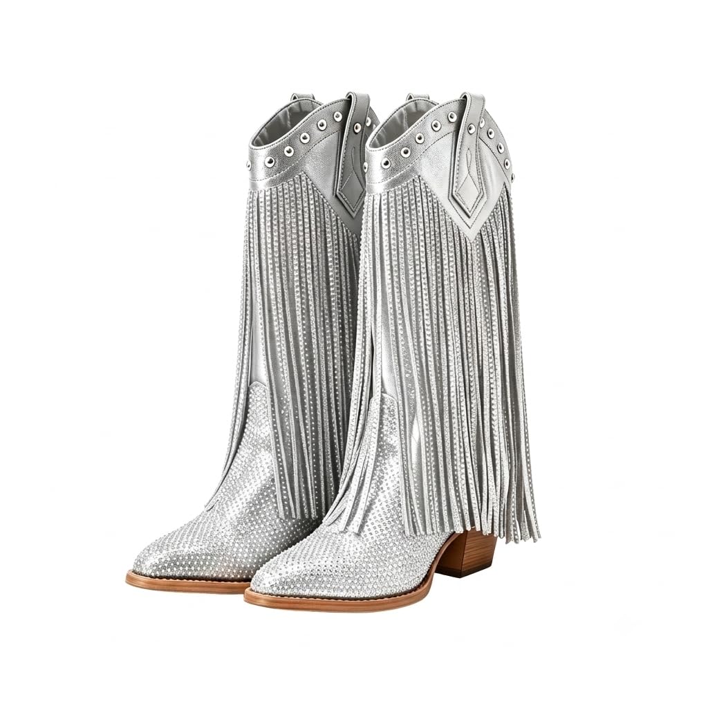 QVY Women's Rhinestone Cowboy Boots, Sparkly Pointed Toe Fringe Western Cowgirl Boots Chunky Heel Mid Calf Boots, for Country Concert Music Festival