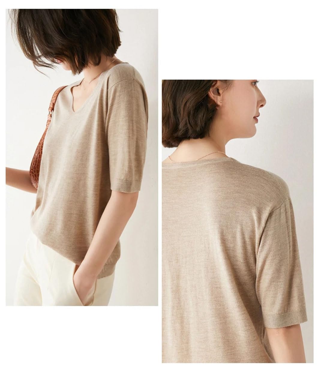 Maglione da donna in lana di cachemire, tinta unita, a maniche corte, con scollo a V, maglia morbida e calda