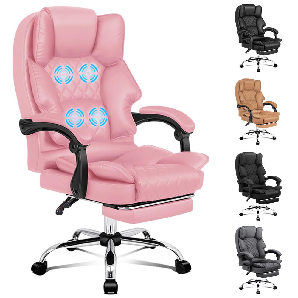 ALFORDSON Ergonomic Office Chair with Massage, 150° Recline and 360° Swivel, Gaming Executive Computer Racer Chair Adjustable Height,PU Leather Home Office Chair with High Backest Footrest(Pink) - Dale Pink