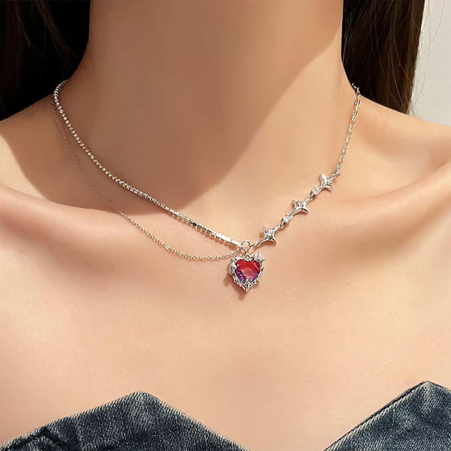 Vintage Layered Crystal Love Heart Necklace Pink Crystal Heart Pendant Necklace Silver Cz Star Choker Necklace Splice Tennis Chain Necklace Jewelry for Women - Image 2