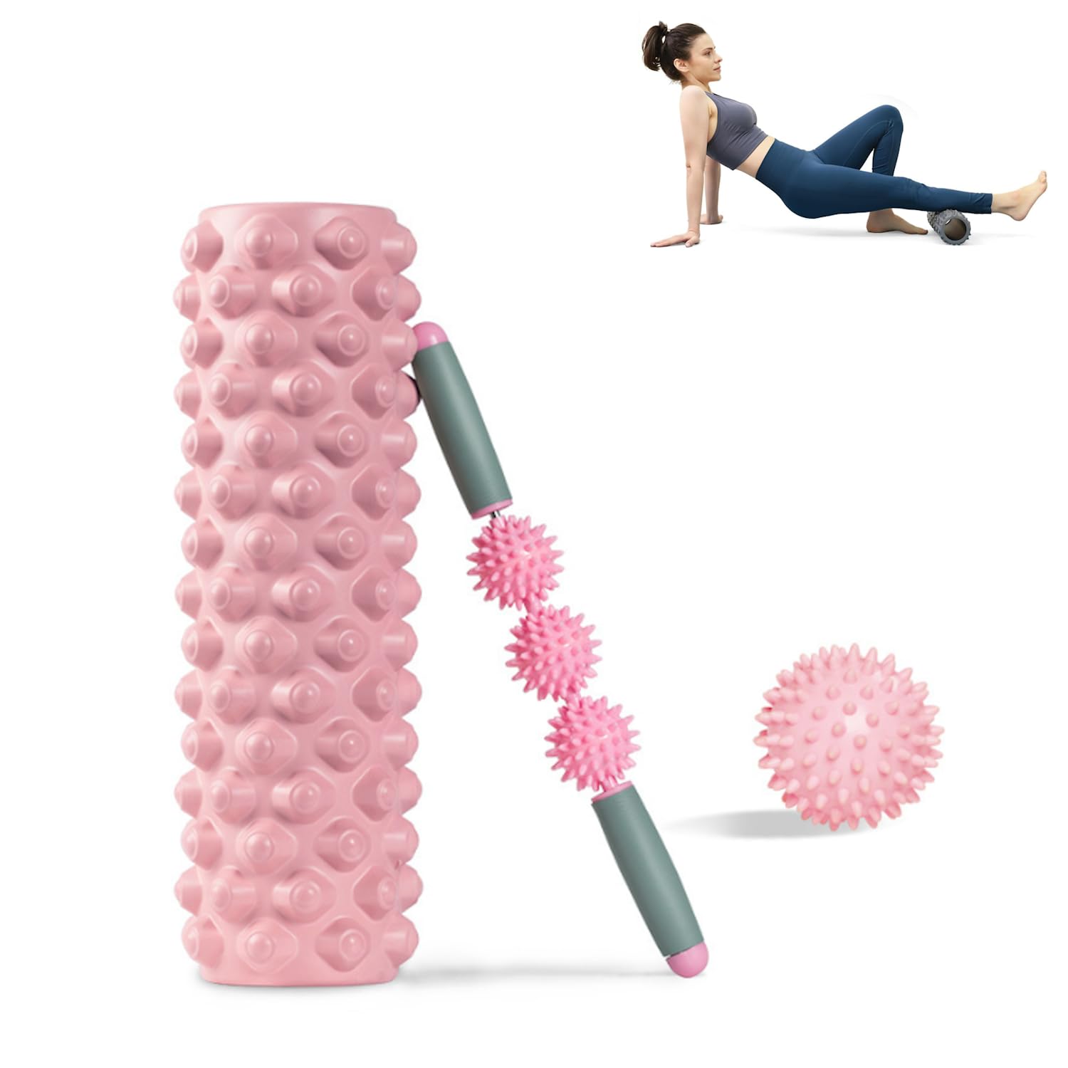 FFitness Rullo per Massaggio Muscolare 3 in 1 Kit per Allenamento Miofasciale Foam Roller con Bastone e Pallina Massaggio Piedi Allevia Tensione Muscolare