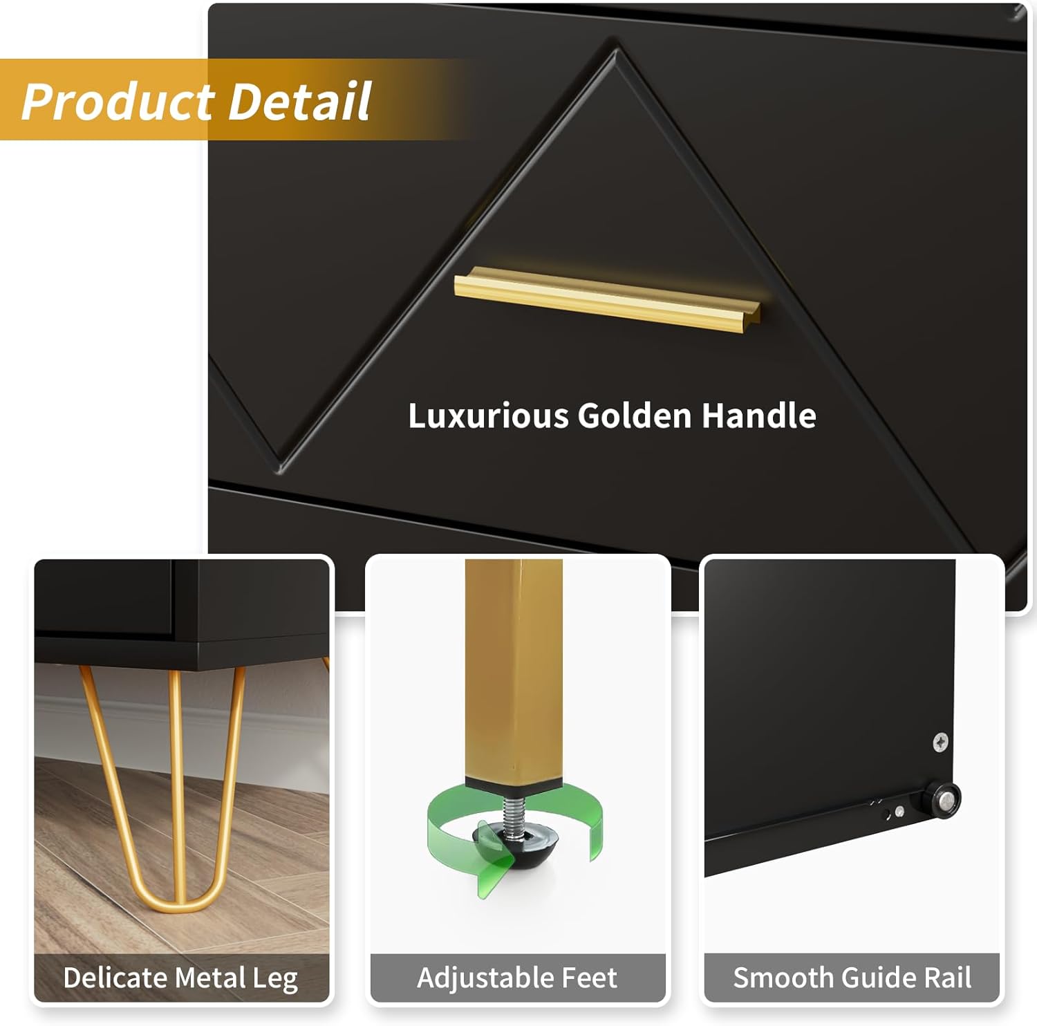 6 Drawer Black Dresser for Bedroom, Modern Chest of Drawers with Deep Drawers,Wood Dresser with Gold Metal Handles for Bedroom, Living Room, Hallway