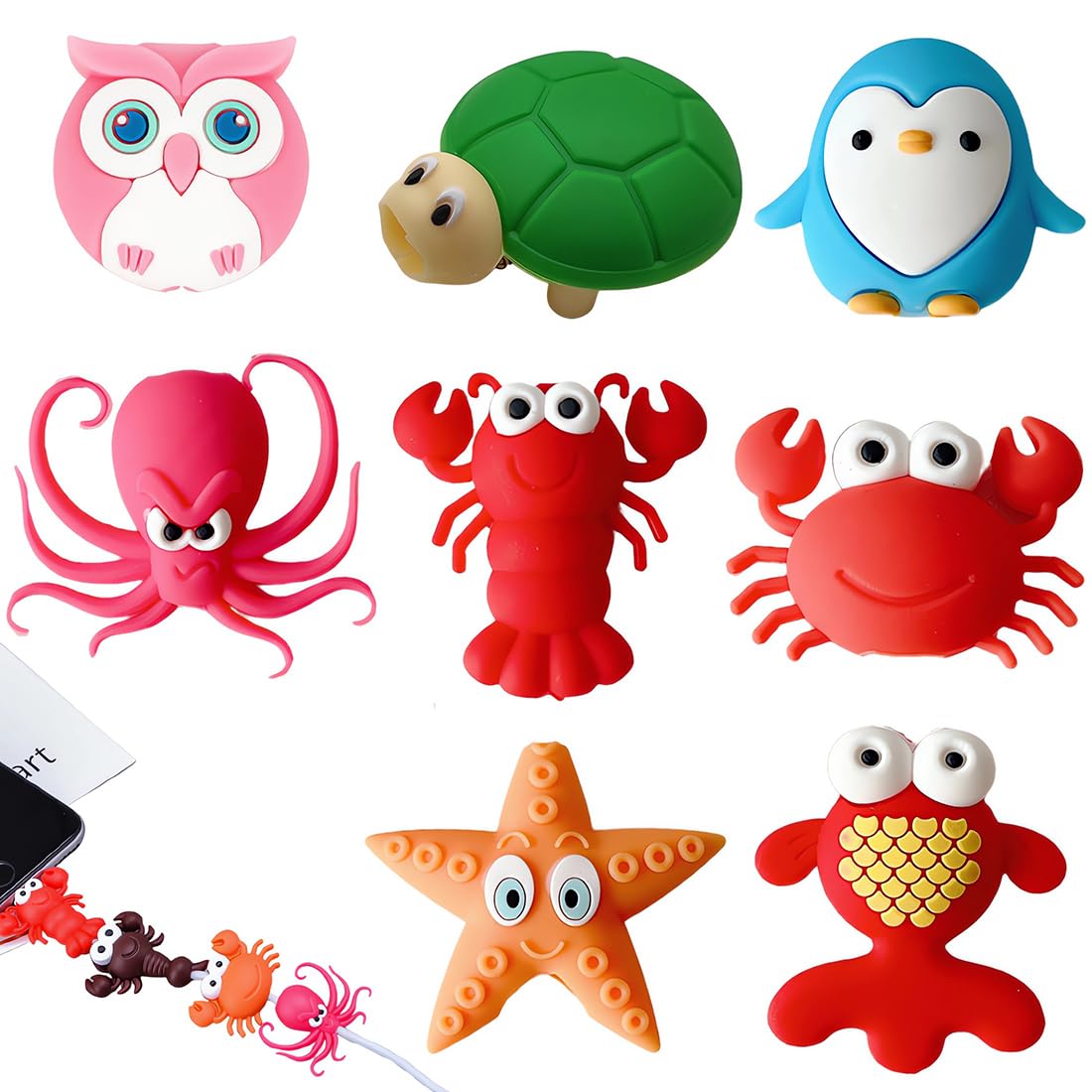 Set di 8 Protezione Cavo USB, Adorabili Animali Marini in Plastica, Accessori Telefono