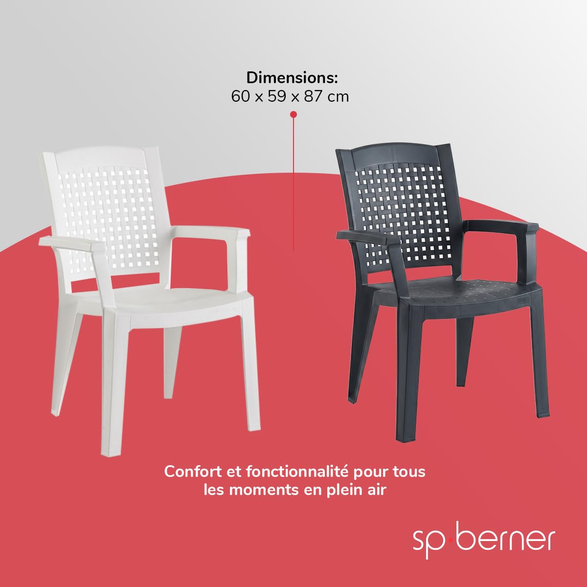 SP Berner SHAF - Lot de 4 chaises - Jardin extérieur et terrasse - Plastique recyclé résistant aux UV - Empilables - Modèle métal - Blanc