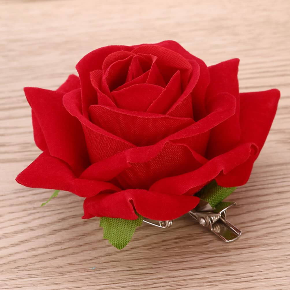 CALLARON 4Pcs Rose Hairpin Red Hair Clip 11x4cm Pins Fabric Floral Clips Floral Brooch Hair Accessories for Women(Red) - Image 3