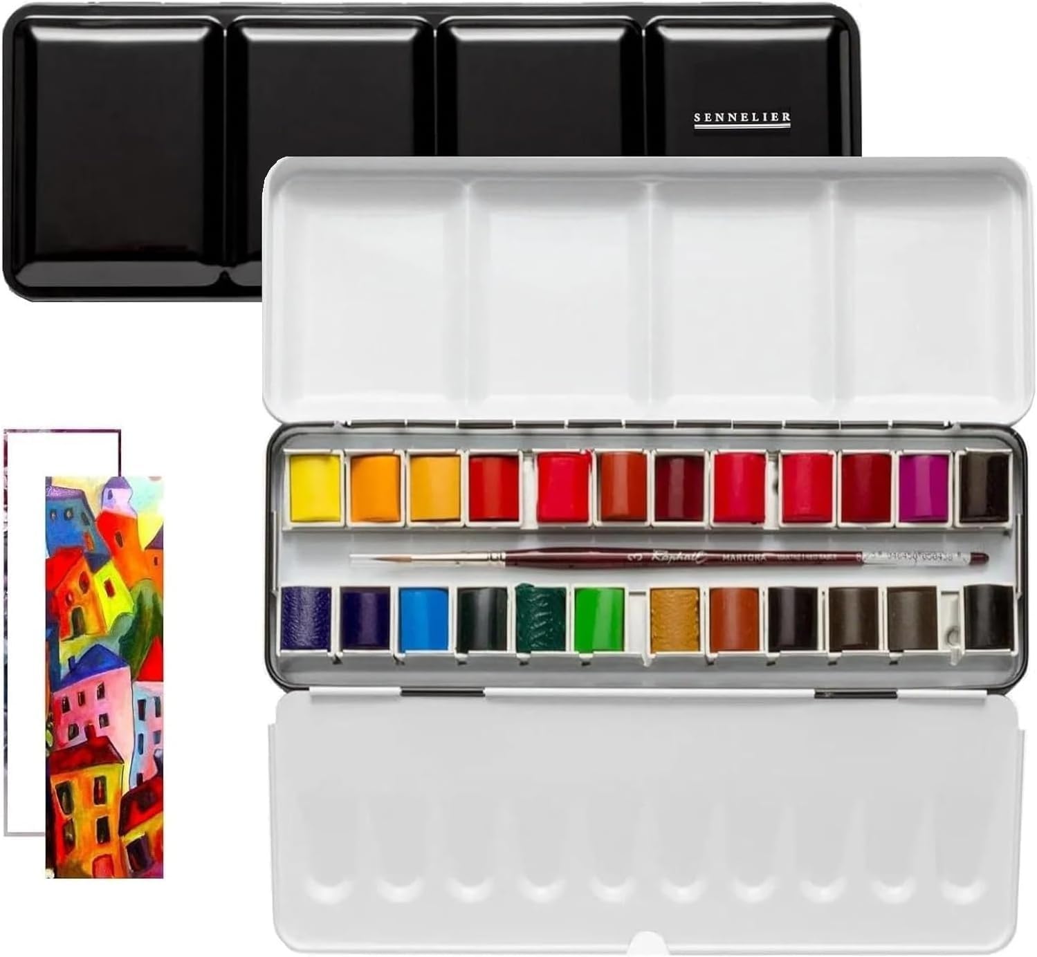 Boîte de peinture aquarelle extra-fines Sennelier 24 demi-godets pinceau et cartes