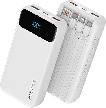Nusyddy Portable Charger 20000mAh with 4 Built-in Cables & 6 Outputs White