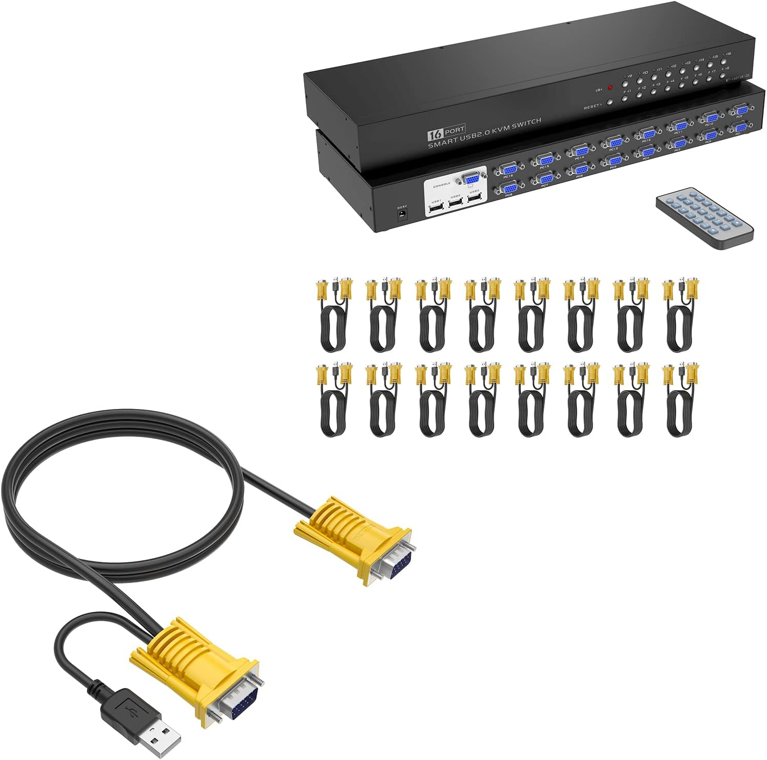 16 Port Rack Mount KVM VGA + 2 Pack 10ft VGA KVM Cable