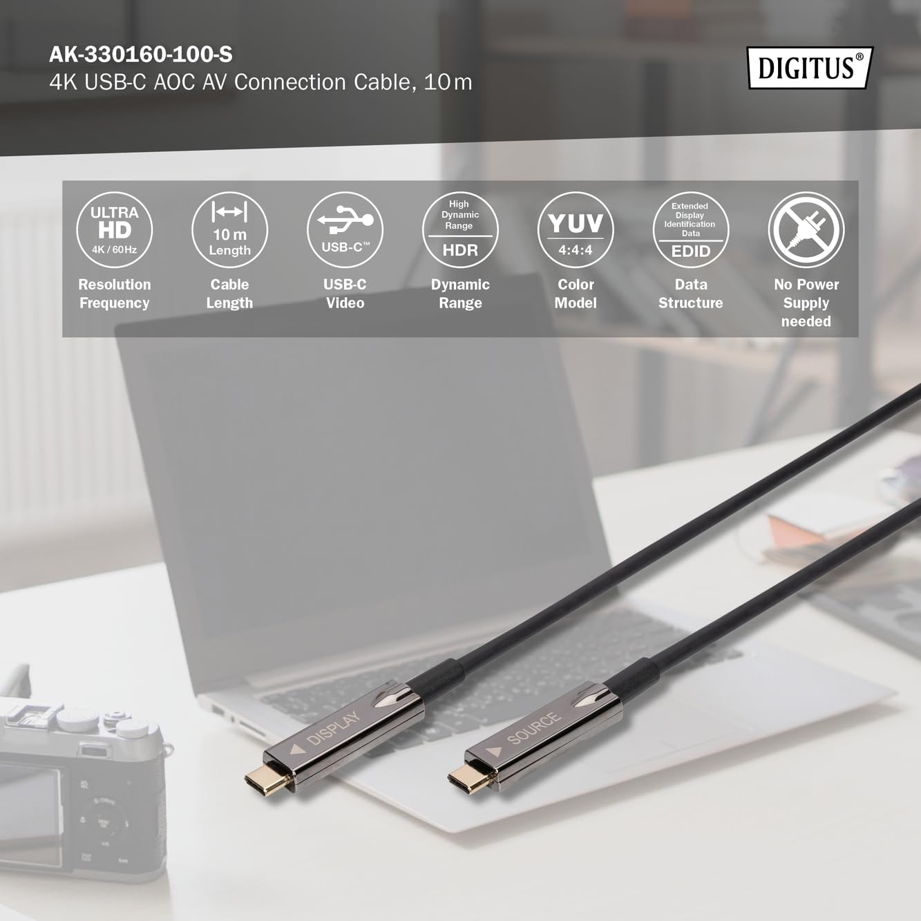 DIGITUS Glasfaser USB-C-Kabel – 10 m – UHD 4k 60Hz – DisplayPort 1.2 | USB-Video-Kabel – DP Alt-Mode – HDR, EDID, YUV 4:4:4 – AOC Hybrid Glasfaserkabel – USB-Glasfaserkabel – Schwarz