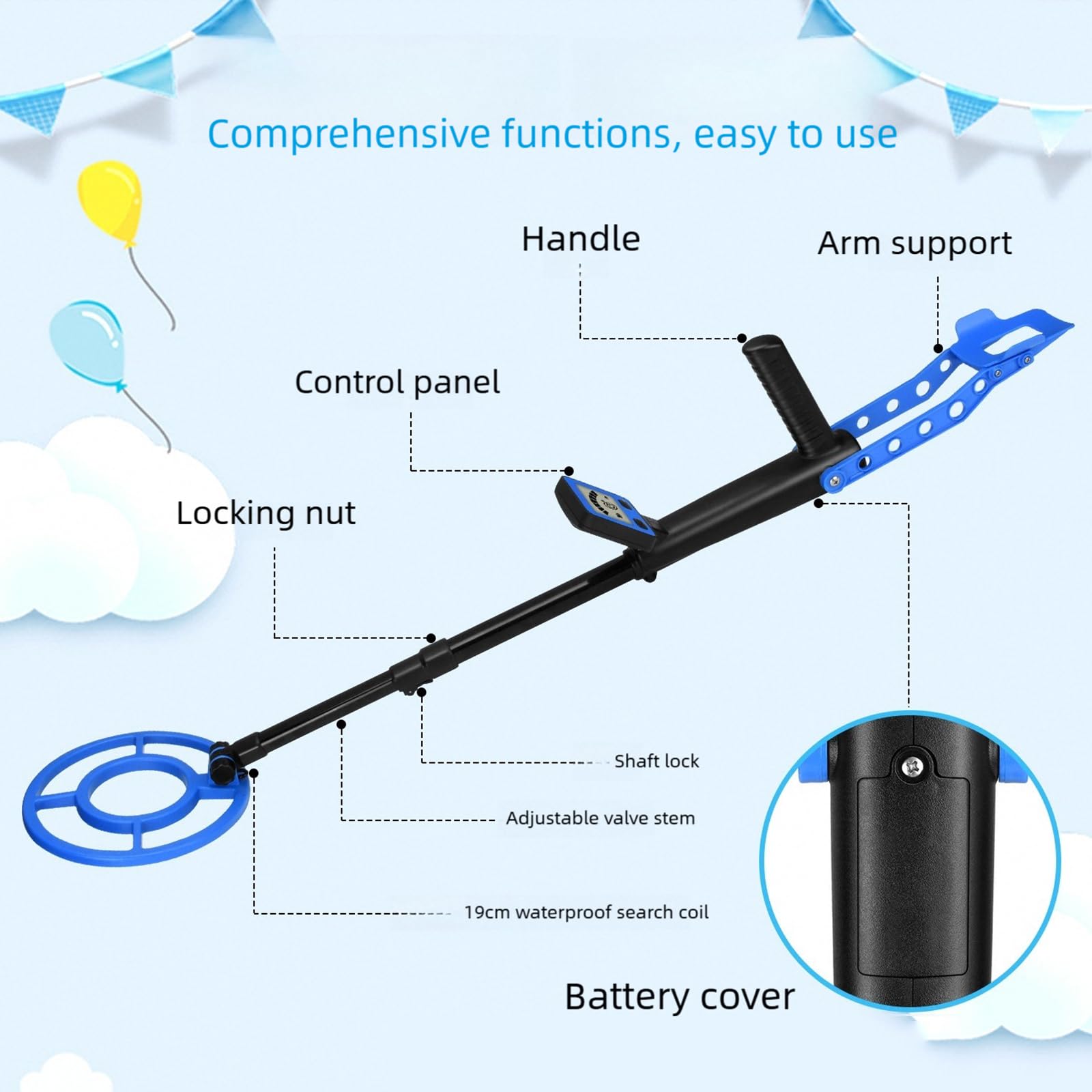Metal Detector per bambini con asta estensibile da 79 cm Rilevatore tesori leggero da 1, 2 libbre per uso esterno Rileva metalli a 10 cm profondità Attrezzatura da caccia tesoro