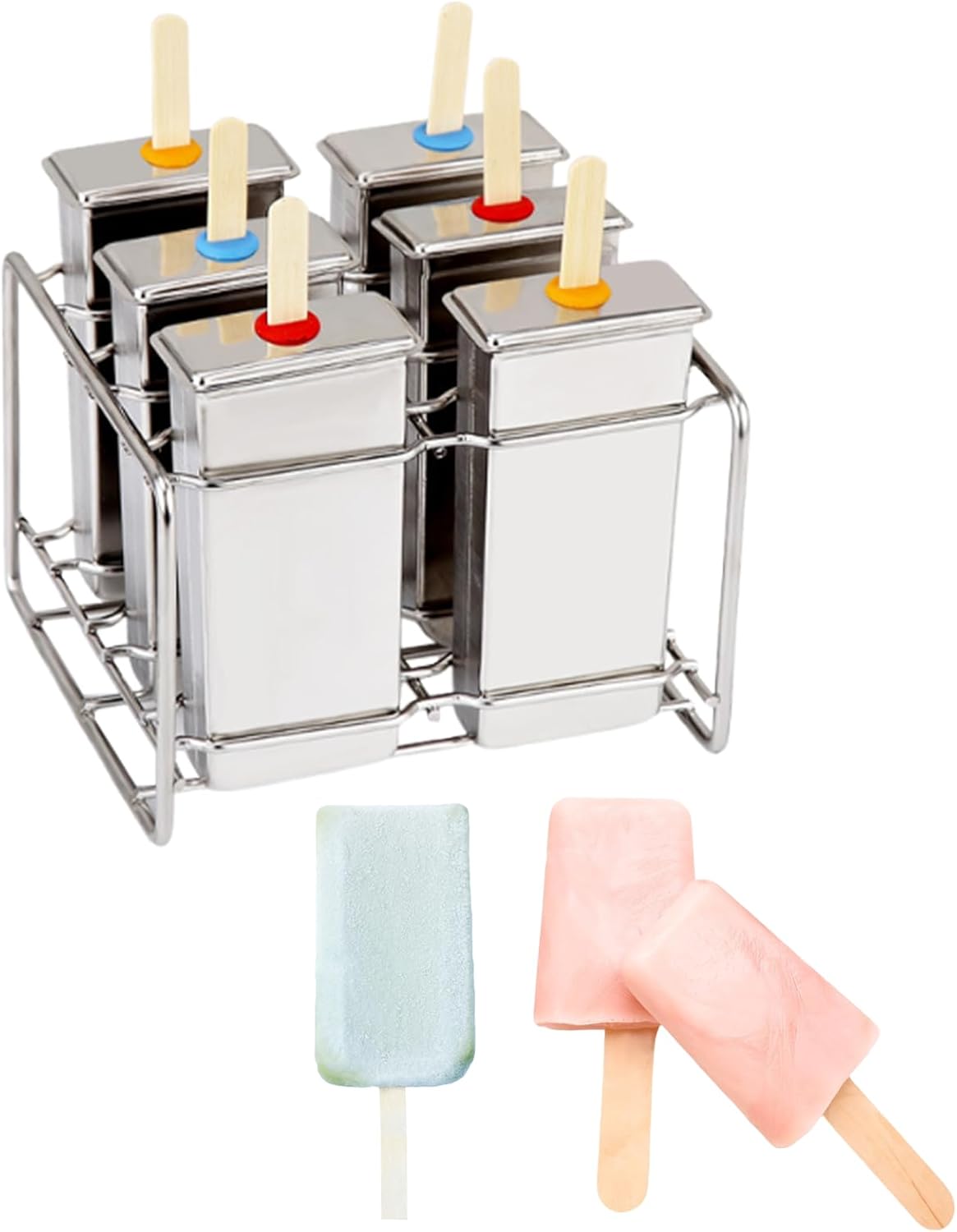 Stainless Steel Popsicle Molds, Set of 6 Ice Cream Maker, Ice Pop Molds With Holder, Metal Reusable Homemade Popsicle Molds with 50pcs Sticks (silver 3)