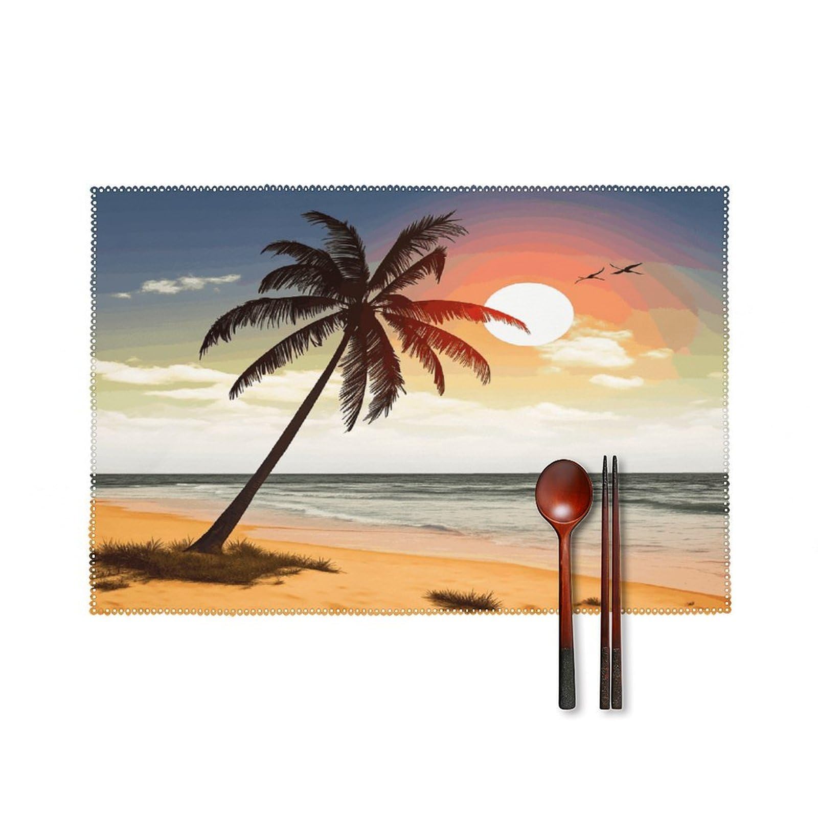 Palm Tree on Beach Placemats Set of 4 Heat Resistant Non-Slip Place Mats Reusable Dining Table Mats Canvas Place Mat Anti-Fading Waterproof Placemats for Dining Table Decor